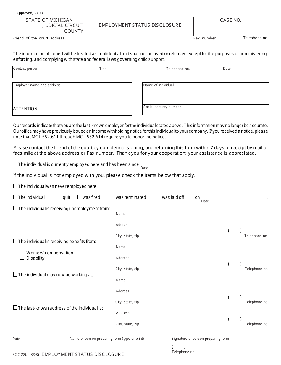 Form FOC22B Employment Status Disclosure - Michigan, Page 1