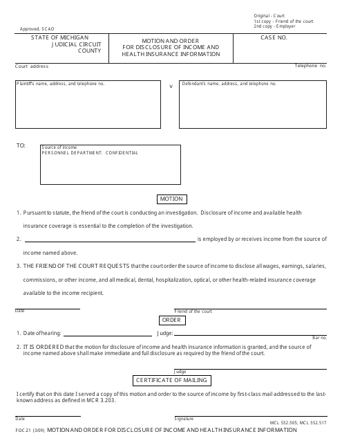 Form FOC21 Motion and Order for Disclosure of Income and Health Insurance Information - Michigan
