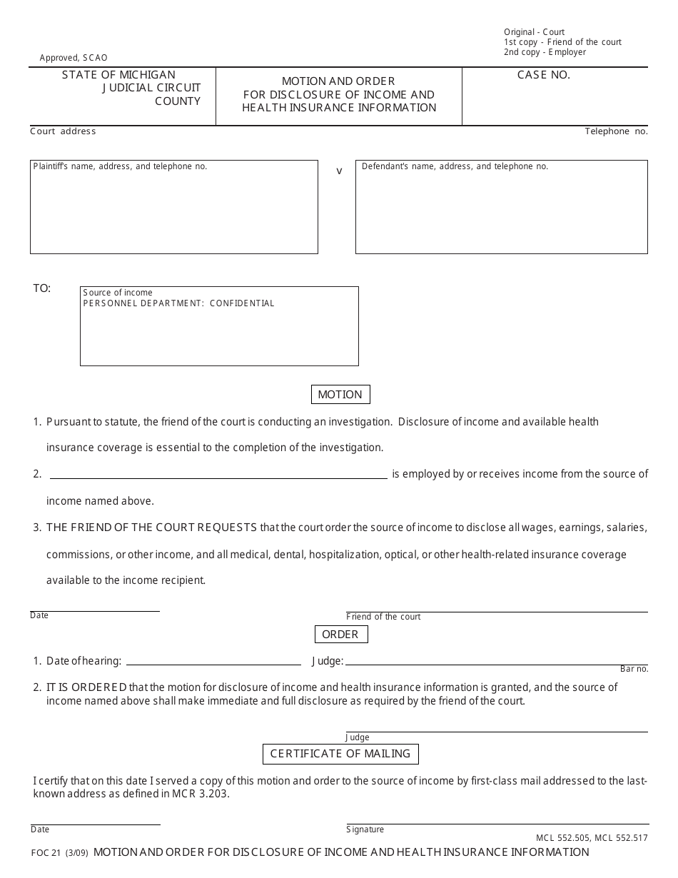 Form FOC21 Motion and Order for Disclosure of Income and Health Insurance Information - Michigan, Page 1