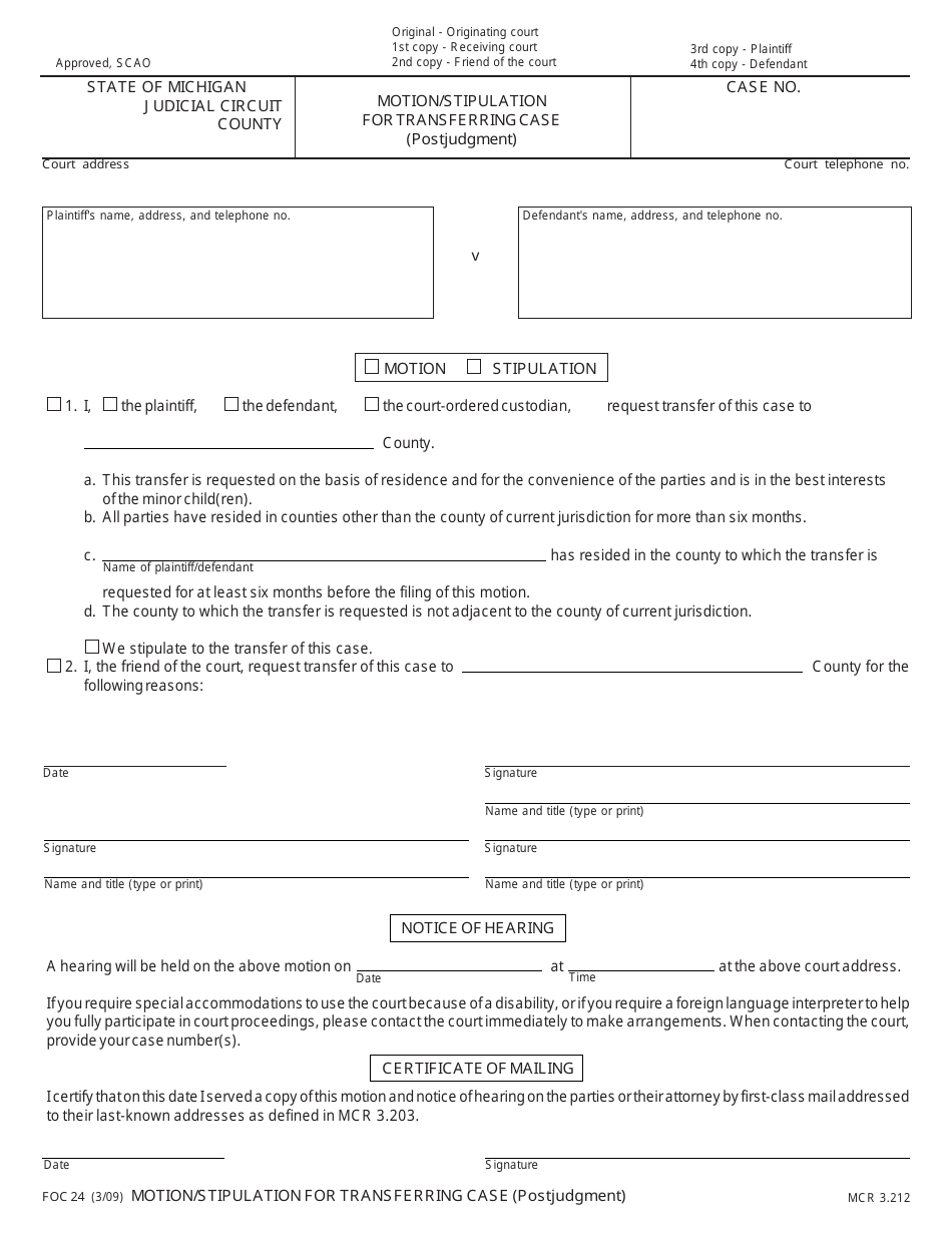 Form FOC24 Motion / Stipulation for Transferring Case (Postjudgment) - Michigan, Page 1