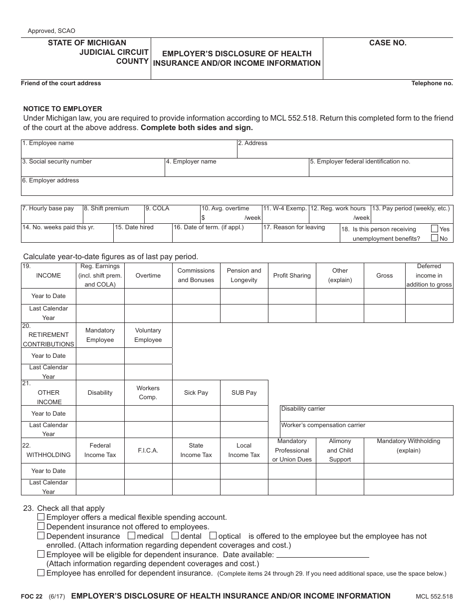 Form FOC22 Employers Disclosure of Health Insurance and / or Income Information - Michigan, Page 1