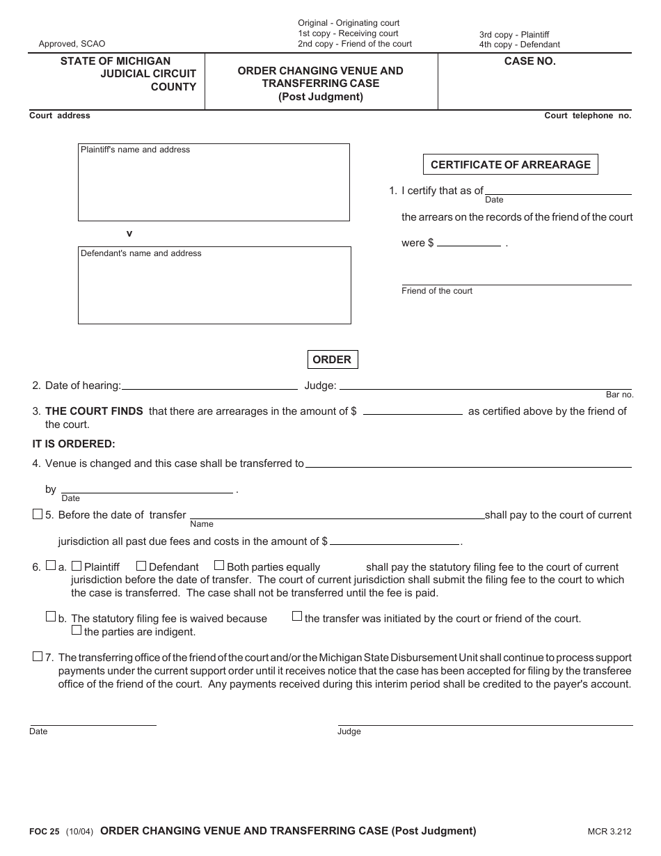 Form FOC25 Order Changing Venue and Transferring Case (Post Judgment) - Michigan, Page 1