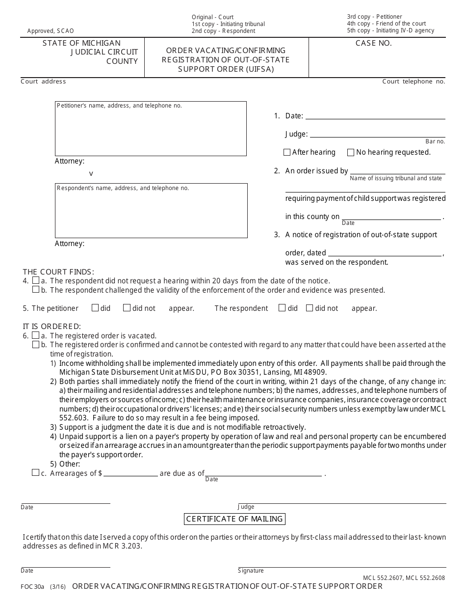 Form FOC30A Order Vacating / Confirming Registration of Out-of-State Support Order (Uifsa) - Michigan, Page 1