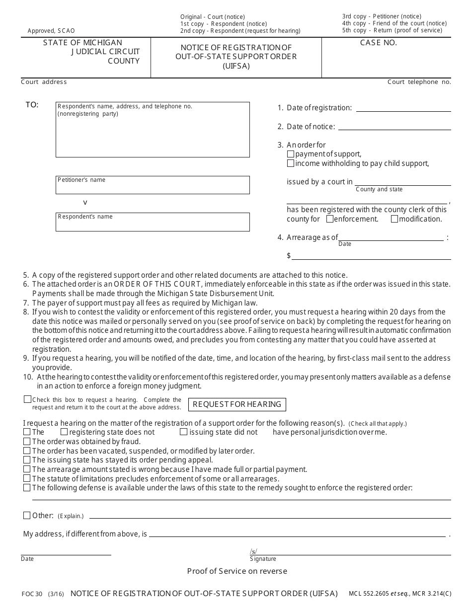 Form FOC30 Notice of Registration of Out-of-State Support Order (Uifsa) - Michigan, Page 1