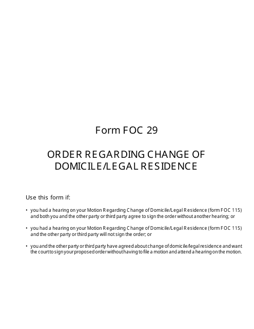 Form FOC29 Order Regarding Change of Domicile/Legal Residence - Michigan