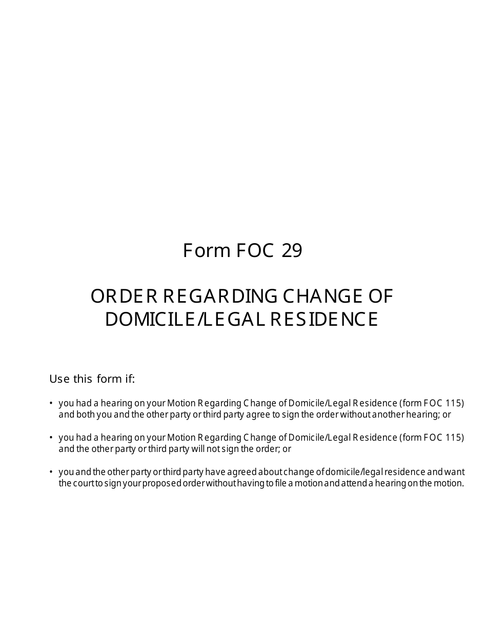 Form FOC29 Order Regarding Change of Domicile / Legal Residence - Michigan, Page 1