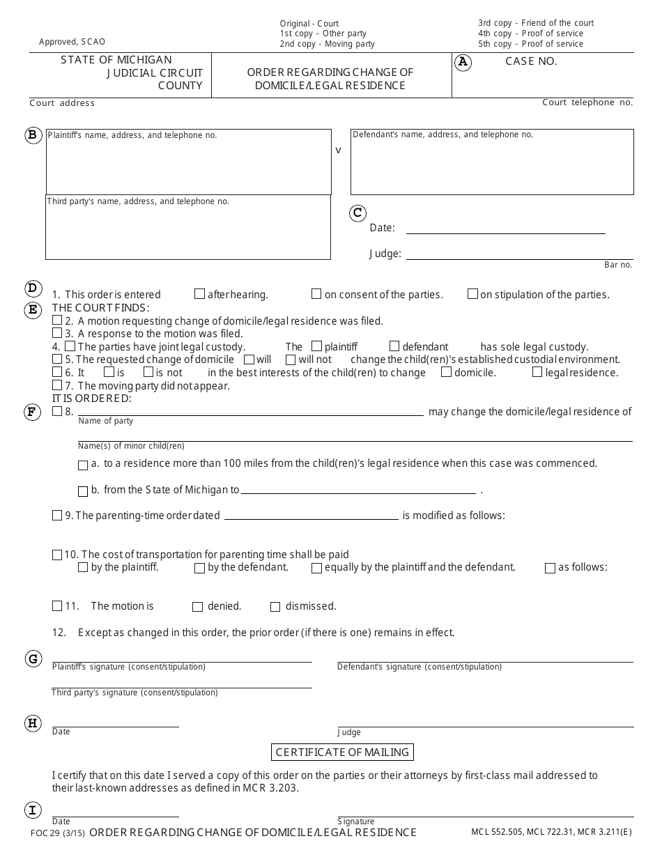 Form FOC29 Order Regarding Change of Domicile / Legal Residence - Michigan, Page 7