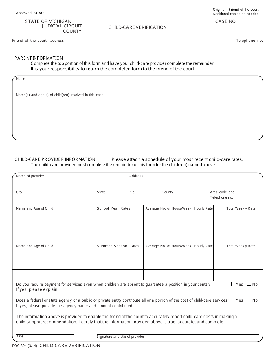 Form FOC39E Child-Care Verification - Michigan, Page 1