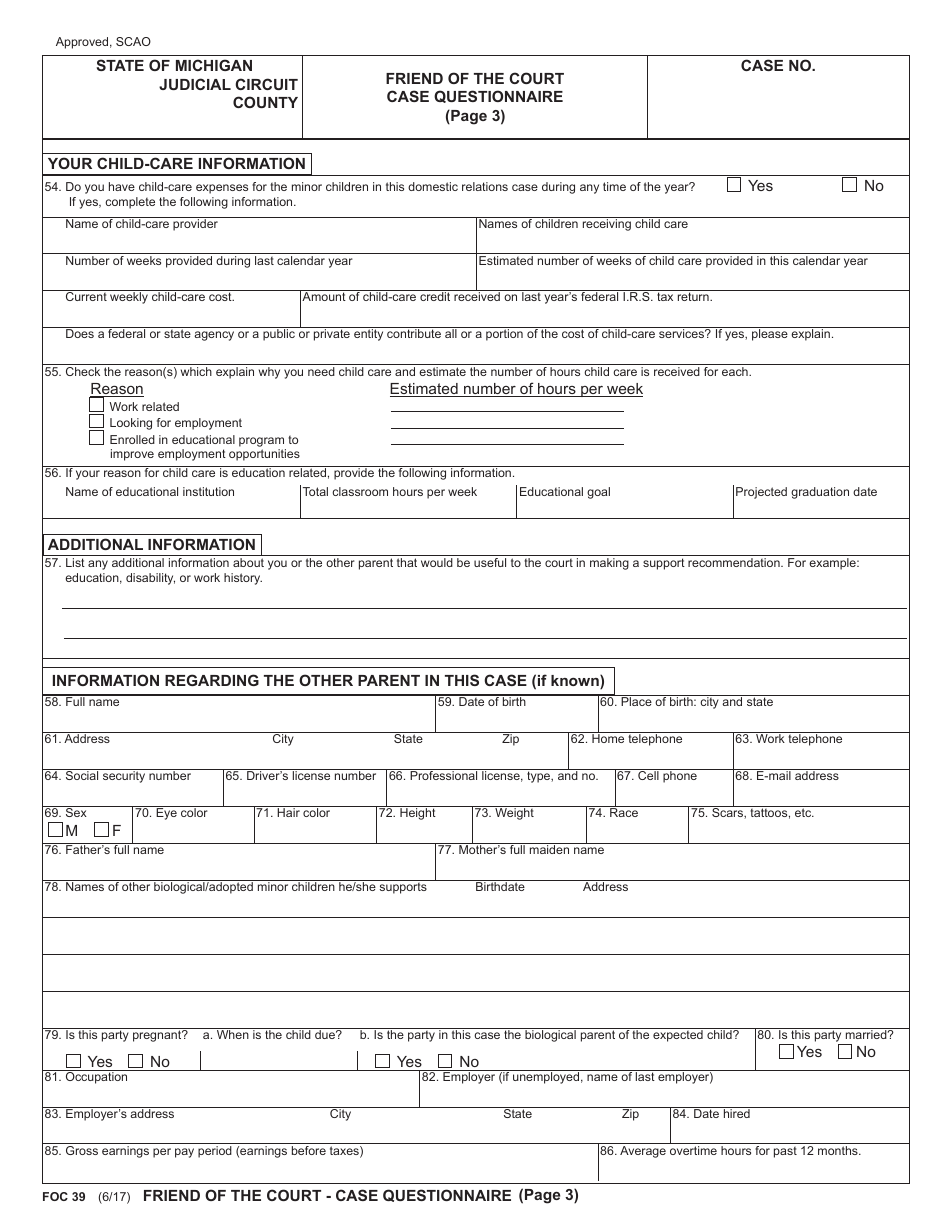 Form FOC39 Friend of the Court Case Questionnaire - Michigan, Page 3