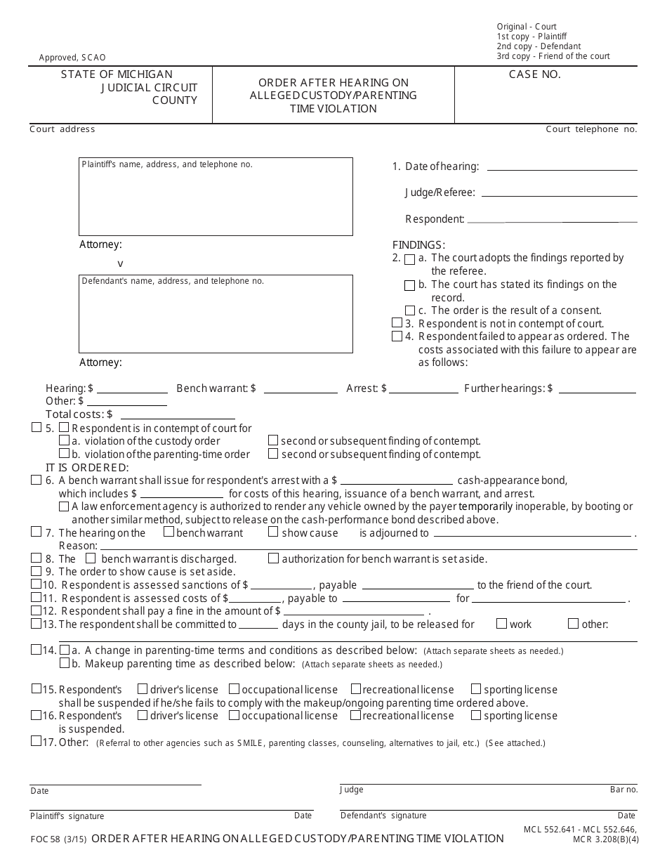 Form FOC58 Order After Hearing on Alleged Custody / Parenting Time Violation - Michigan, Page 1