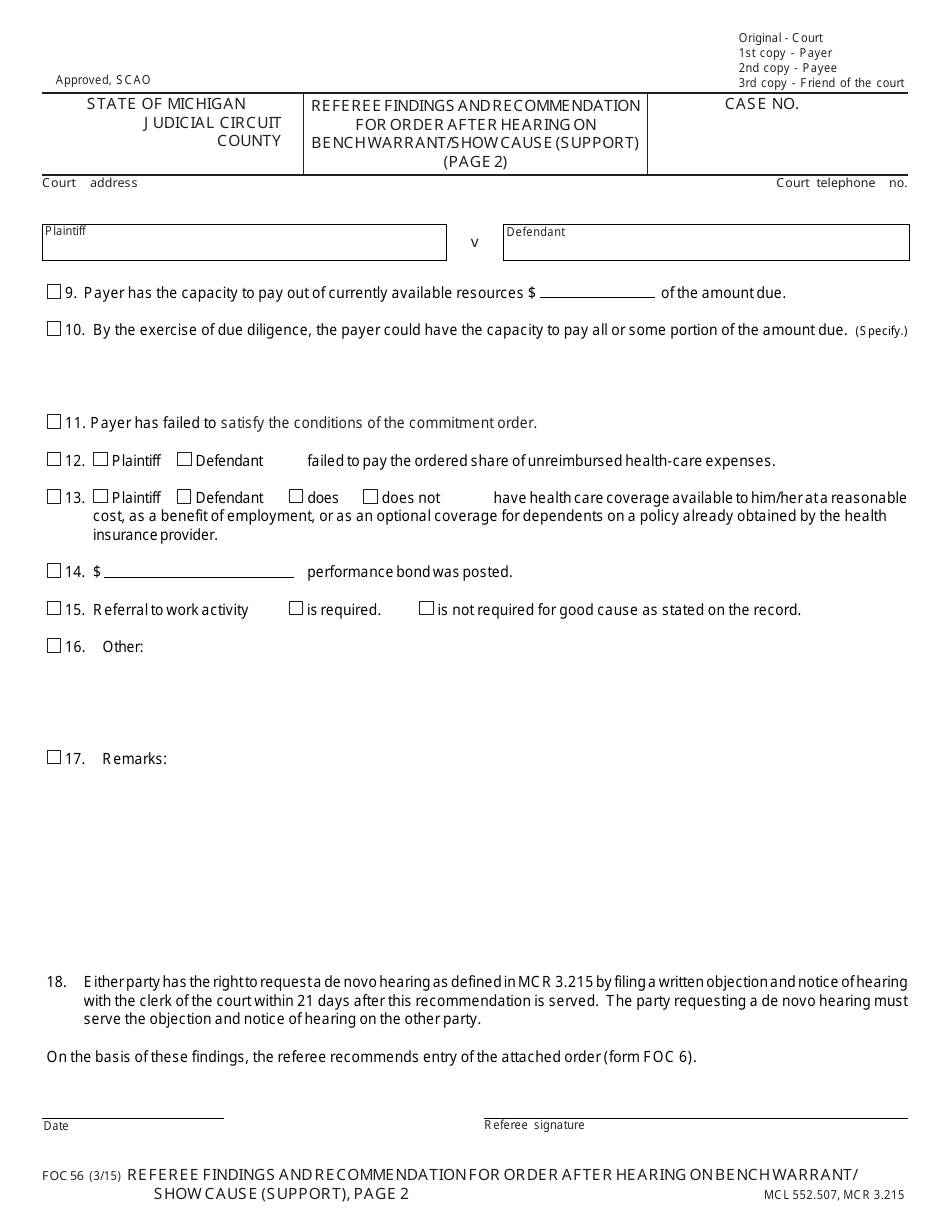 Form FOC56 Referee Findings and Recommendation for Order After Hearing on Bench Warrant / Show Cause (Support) - Michigan, Page 2