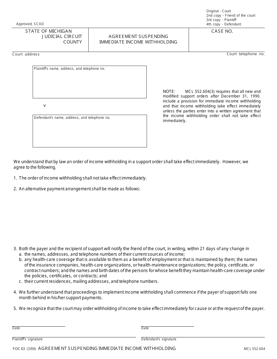 Form FOC63 Agreement Suspending Immediate Income Withholding - Michigan, Page 1