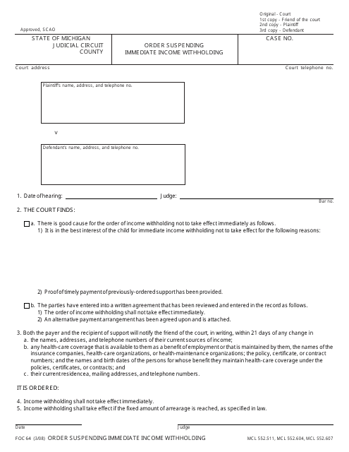 Form FOC64 Order Suspending Immediate Income Withholding - Michigan