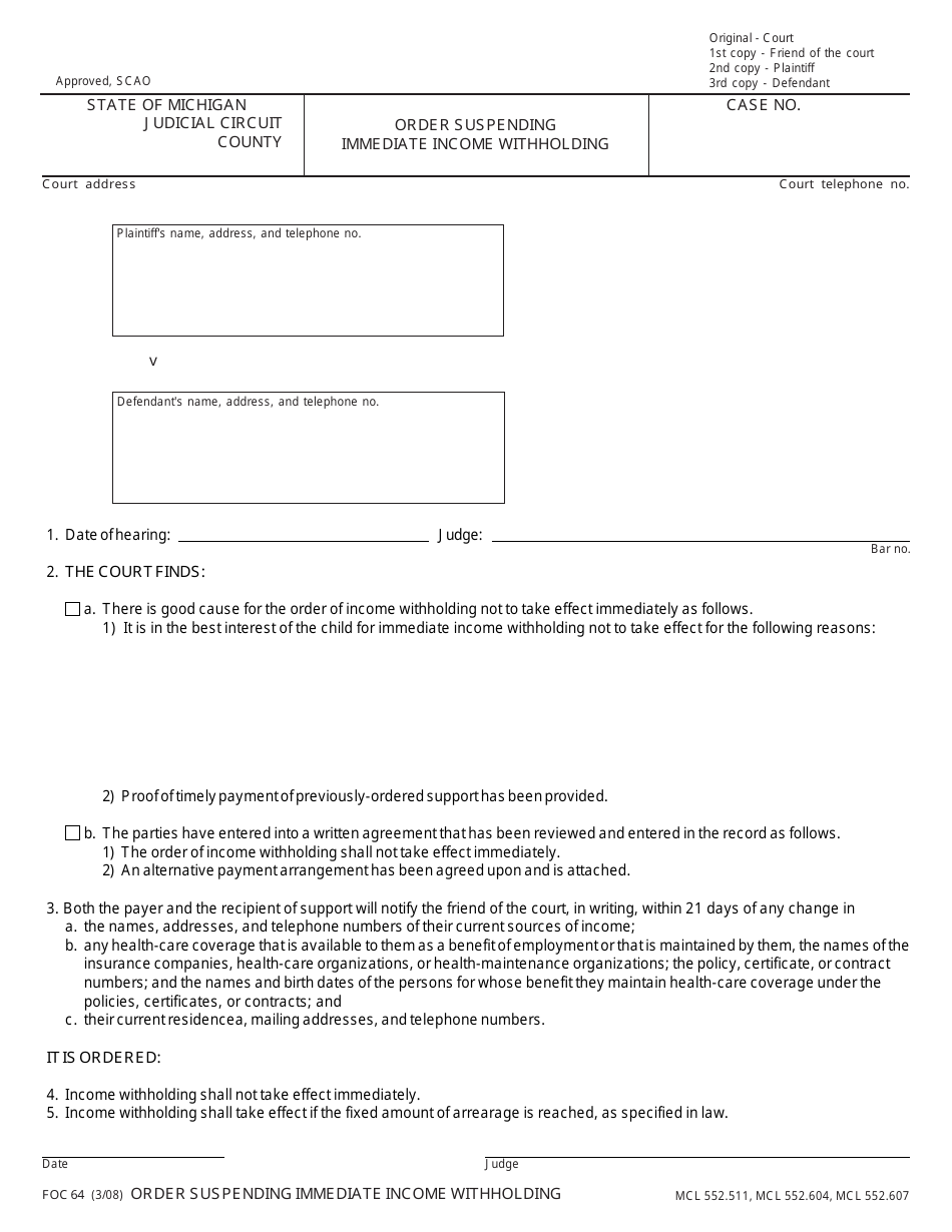 Form FOC64 Order Suspending Immediate Income Withholding - Michigan, Page 1