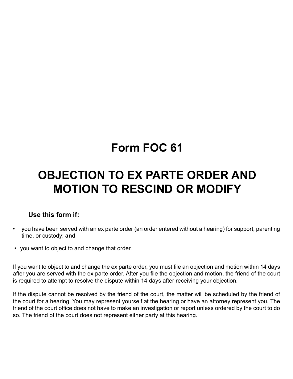 Form FOC61 Objection to Ex Parte Order and Motion to Rescind or Modify - Michigan, Page 1