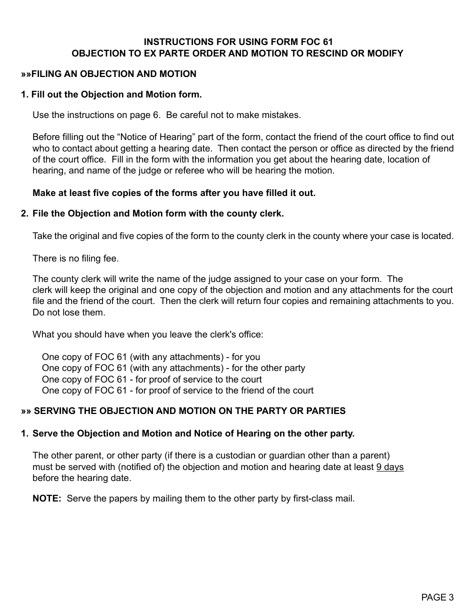 Form FOC61 Objection to Ex Parte Order and Motion to Rescind or Modify - Michigan, Page 3