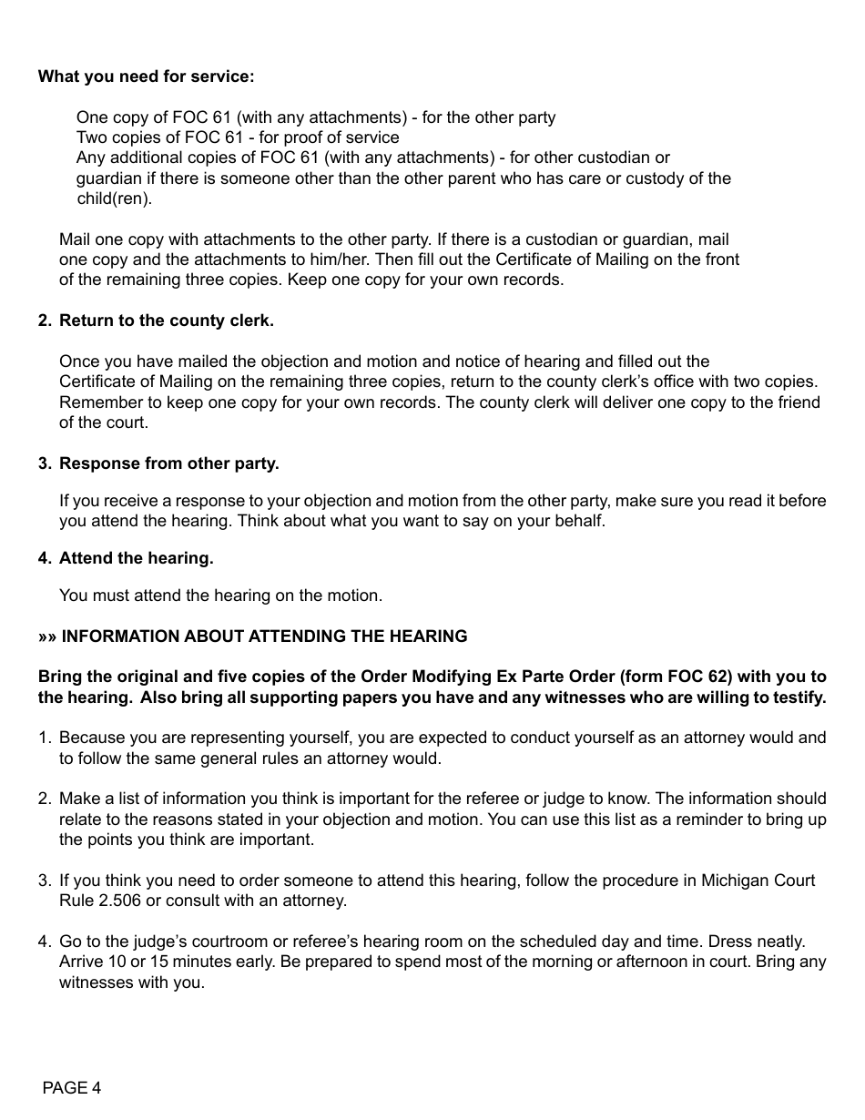 Form FOC61 Objection to Ex Parte Order and Motion to Rescind or Modify - Michigan, Page 4