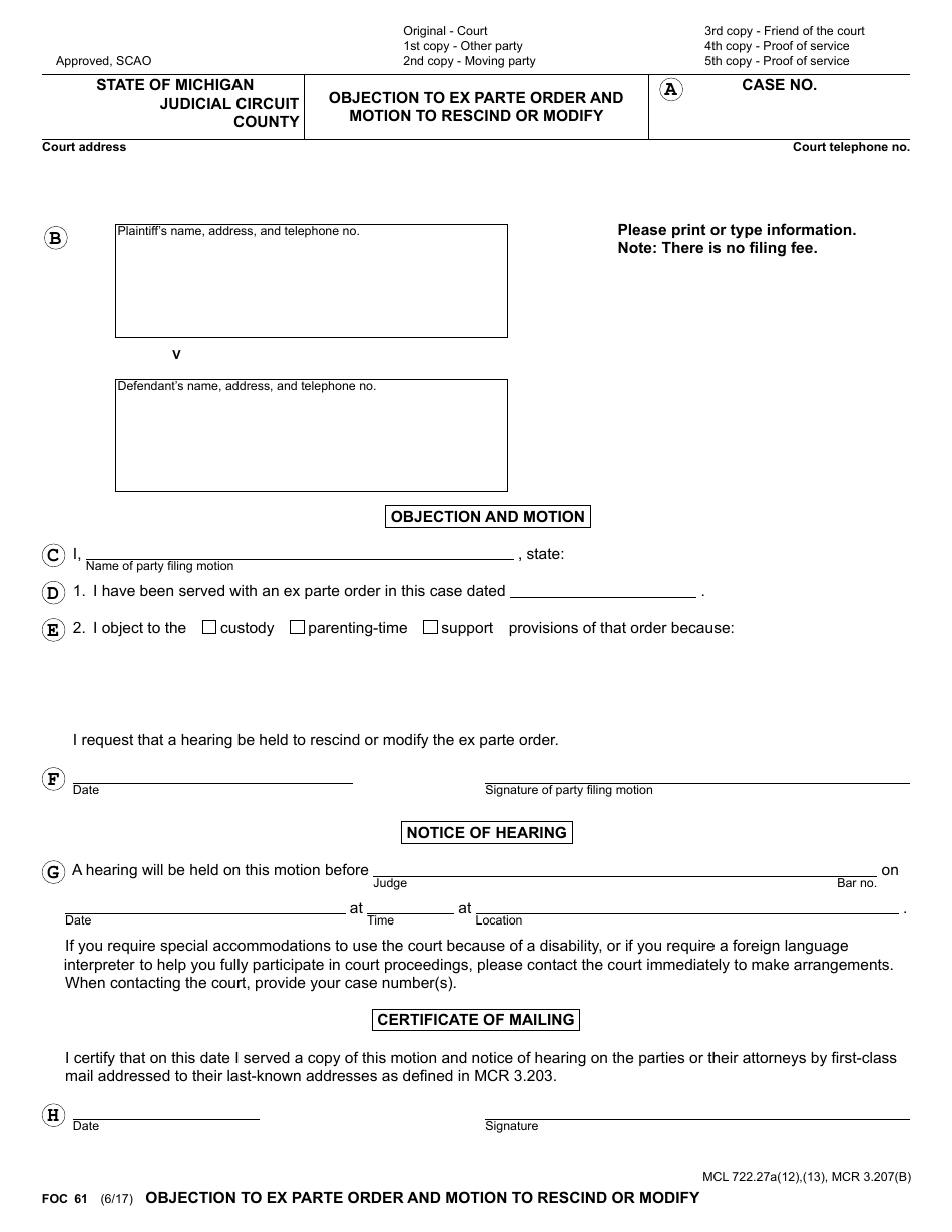 Form FOC61 Objection to Ex Parte Order and Motion to Rescind or Modify - Michigan, Page 7