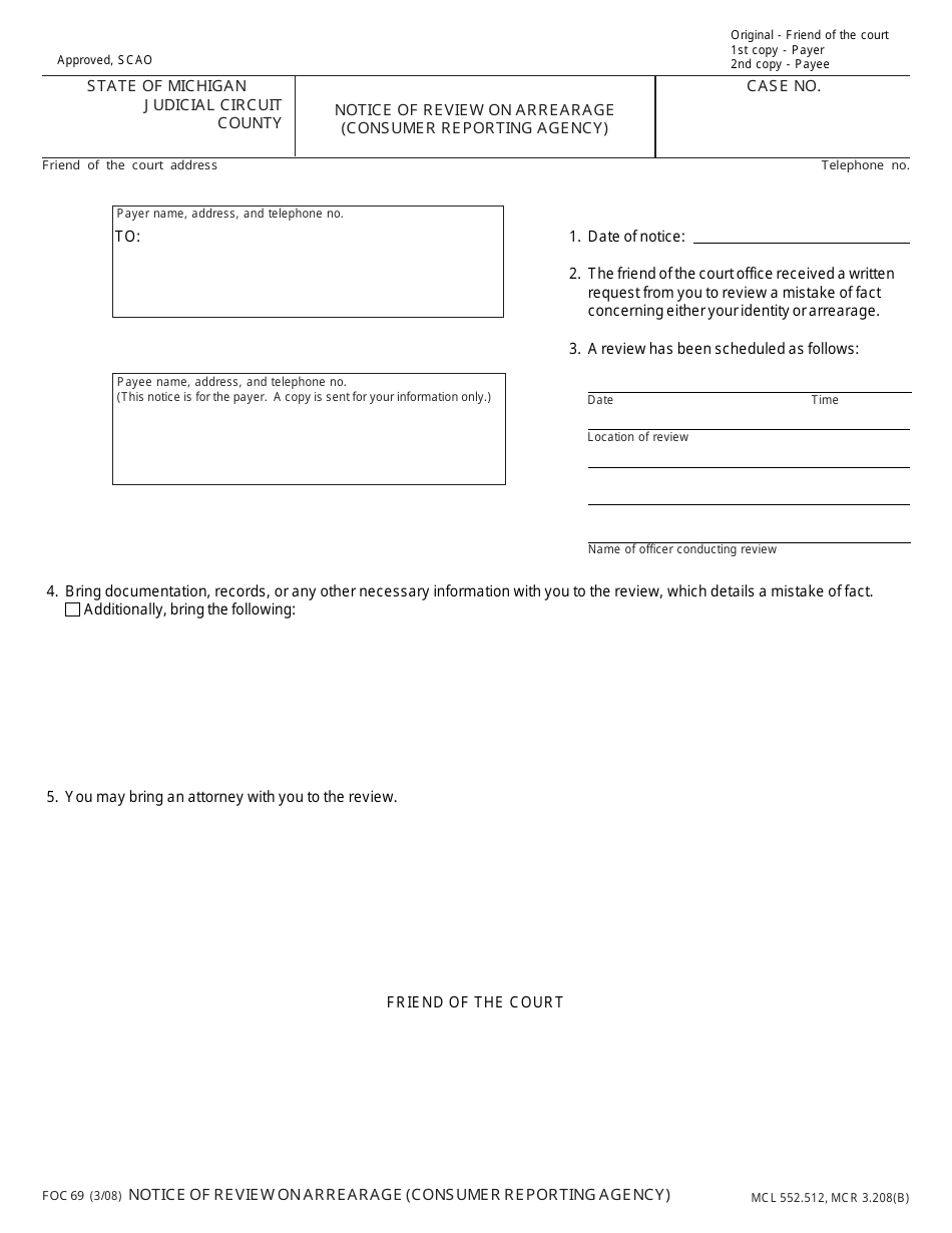Form FOC69 Notice of Review on Arrearage (Consumer Reporting Agency) - Michigan, Page 1
