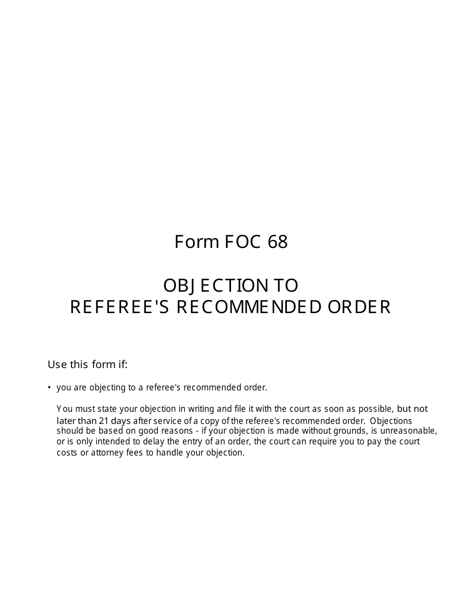 Form FOC68 Objection to Referees Recommended Order - Michigan, Page 1