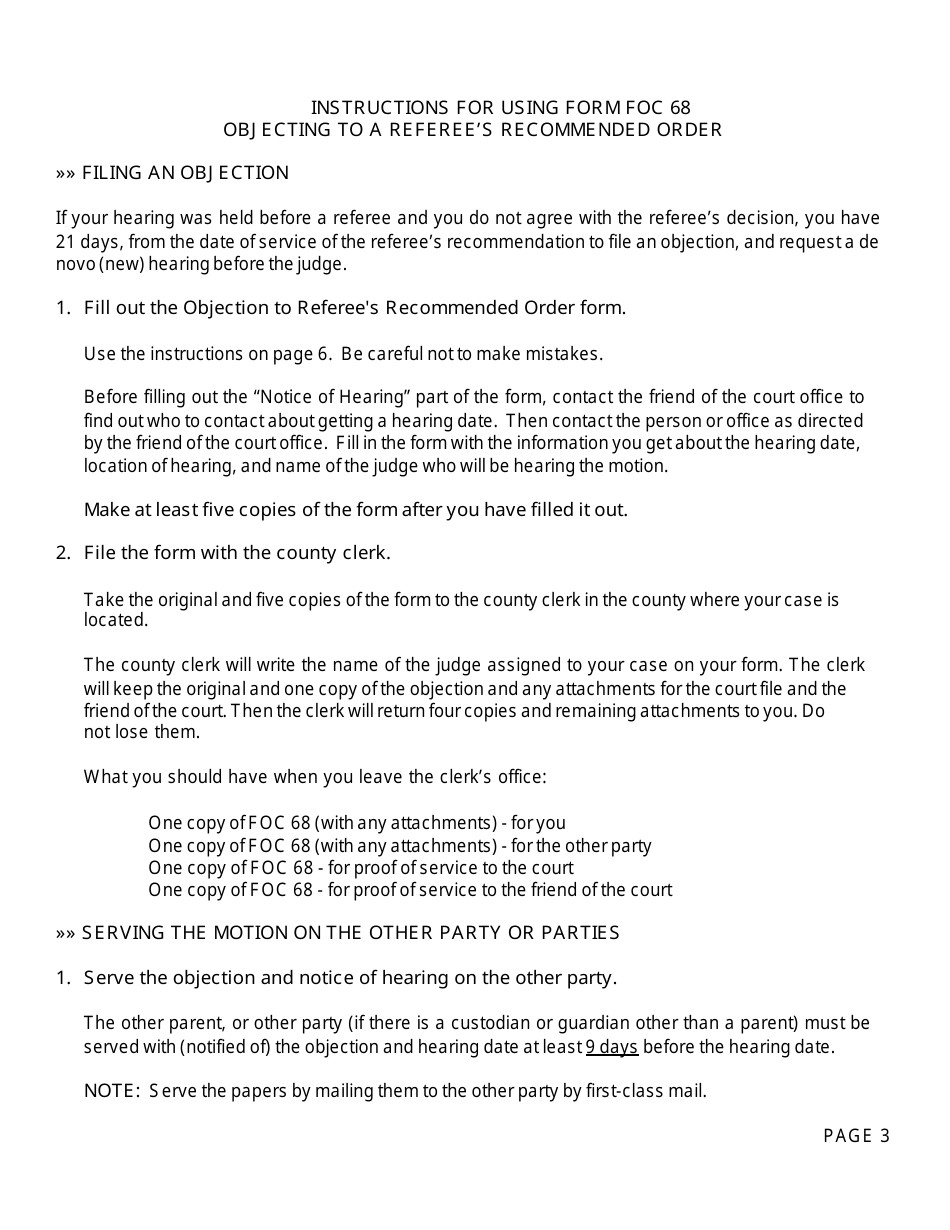 Form FOC68 Objection to Referees Recommended Order - Michigan, Page 3