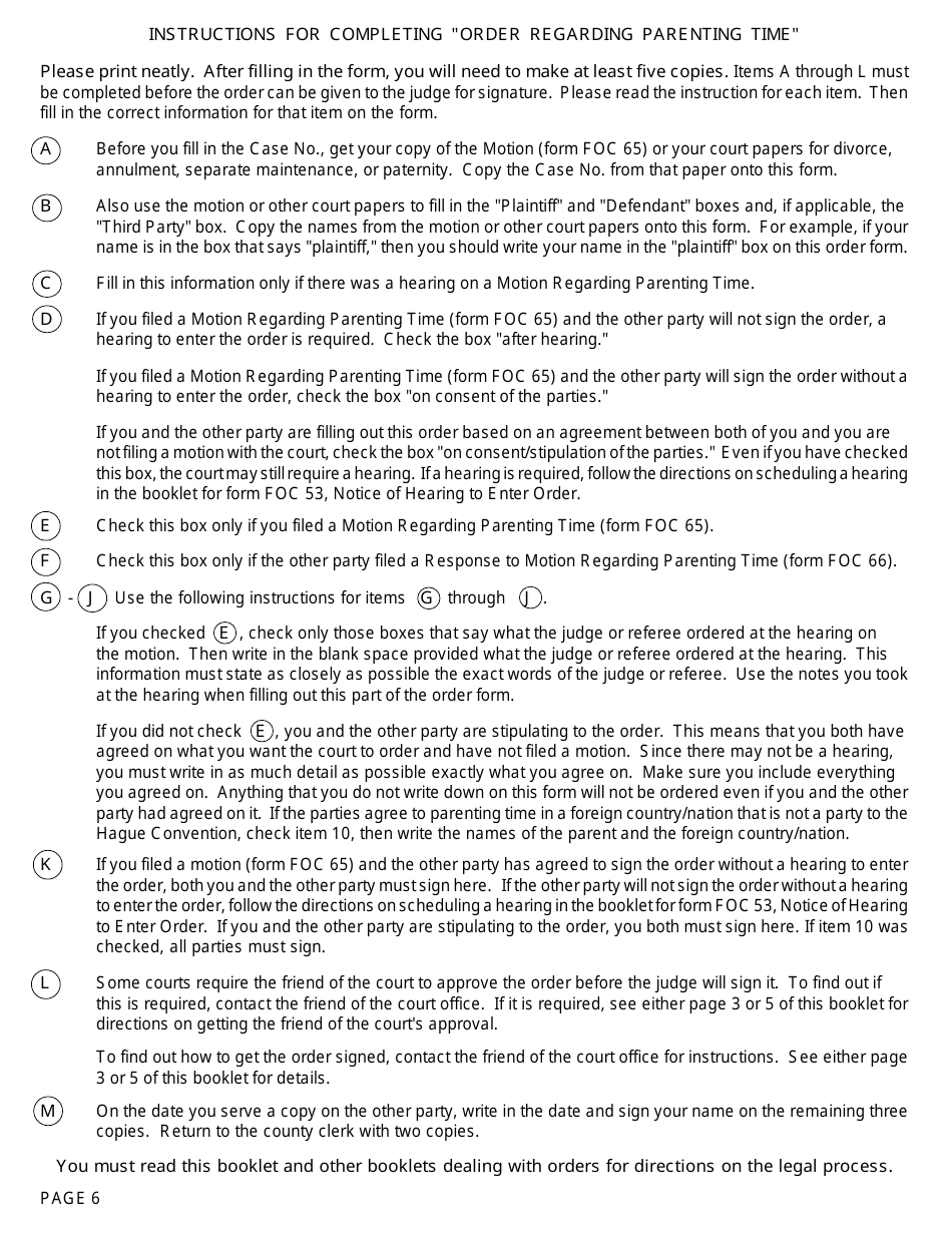 Form FOC67 Order Regarding Parenting Time - Michigan, Page 6