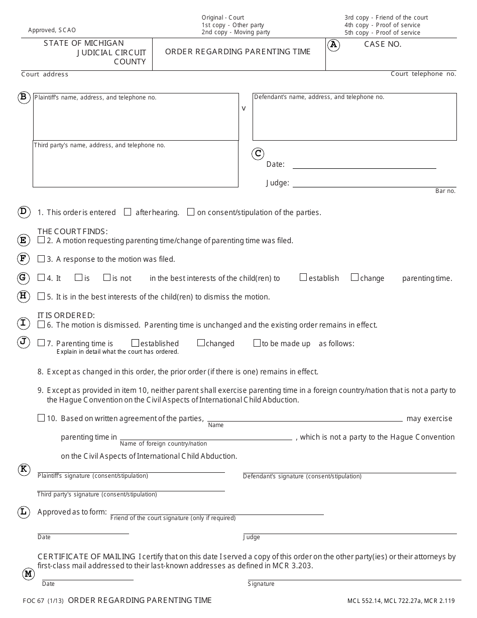 Form FOC67 Order Regarding Parenting Time - Michigan, Page 7