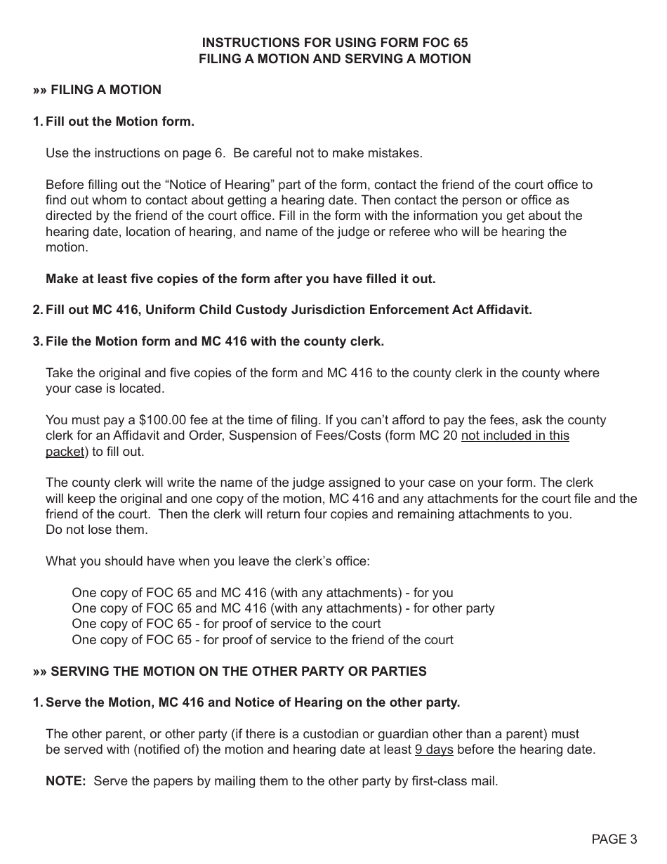 Form FOC65 Motion Regarding Parenting Time - Michigan, Page 3