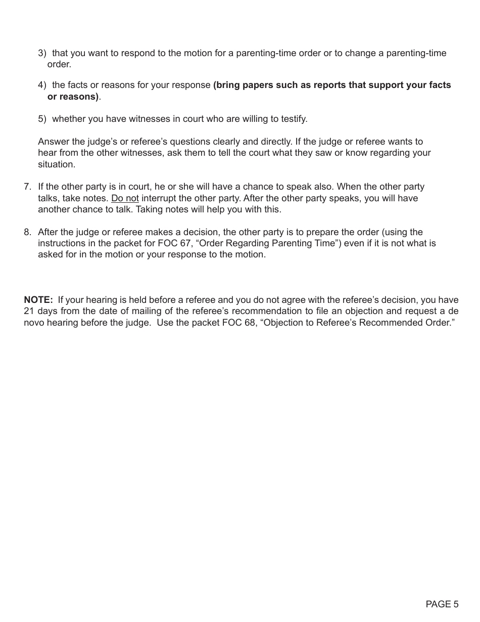 Form FOC66 Response to Motion Regarding Parenting Time - Michigan, Page 5