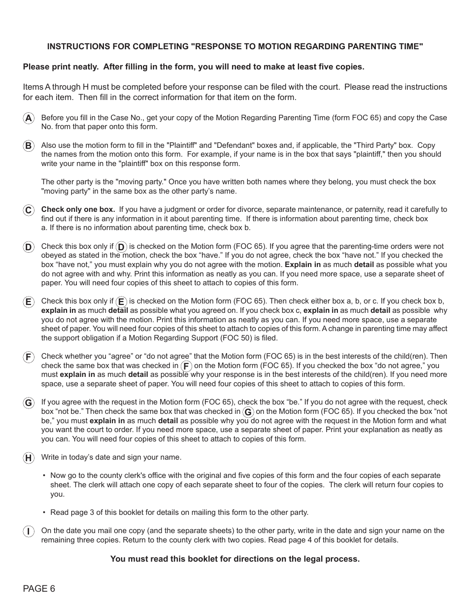 Form FOC66 Response to Motion Regarding Parenting Time - Michigan, Page 6