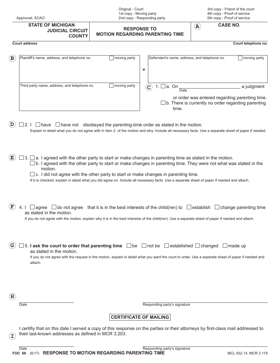 Form FOC66 Response to Motion Regarding Parenting Time - Michigan, Page 7