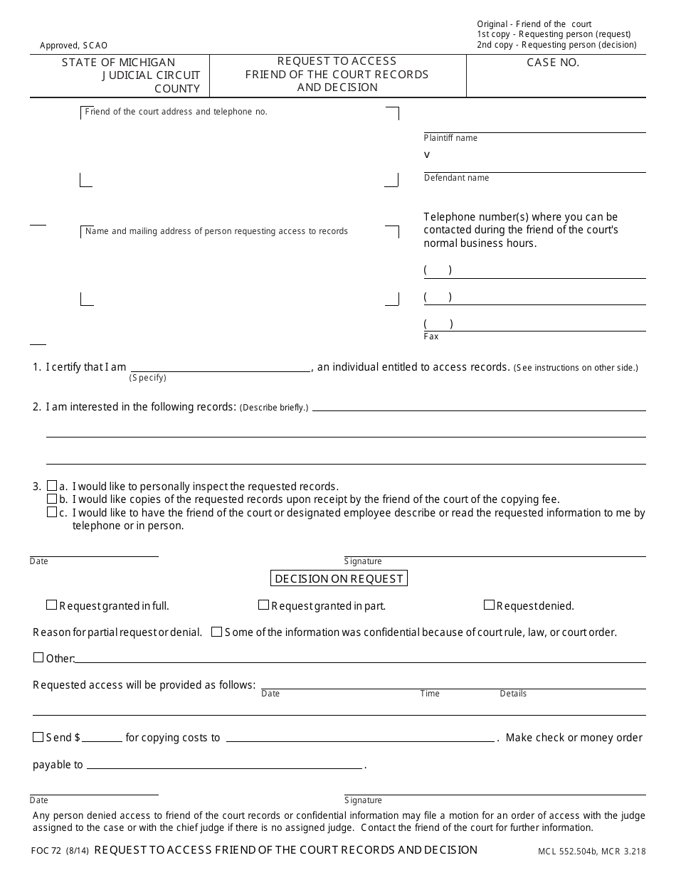 Form FOC72 Request to Access Friend of the Court Records and Decision - Michigan, Page 1