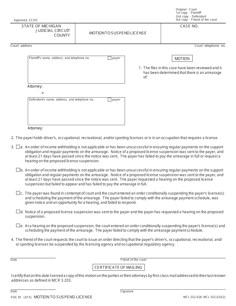 Form FOC81 Motion to Suspend License - Michigan, Page 1