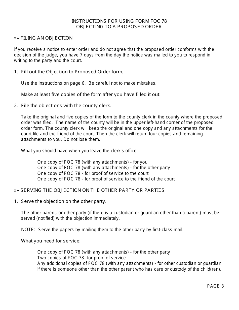 Form FOC78 Objection to Proposed Order - Michigan, Page 3