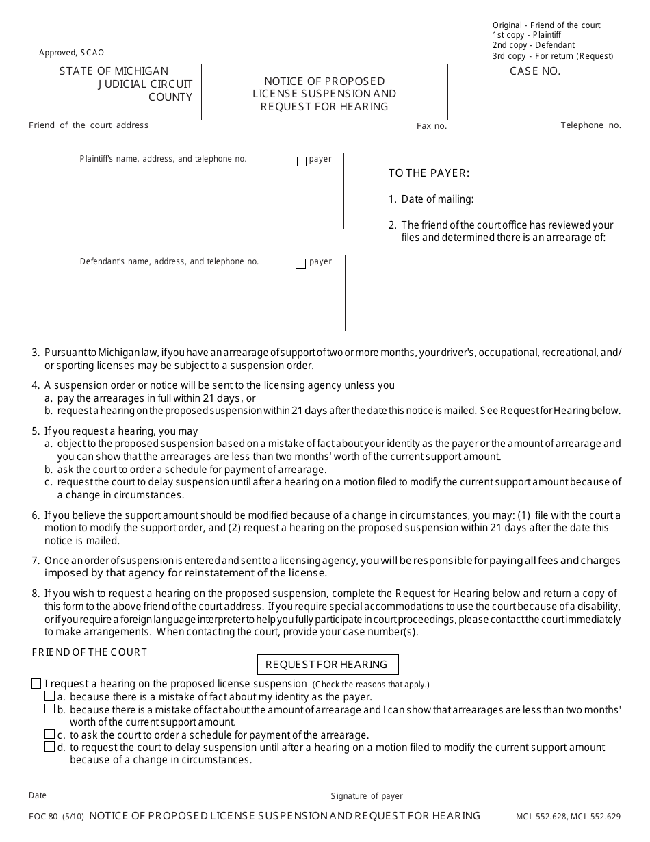 Form FOC80 Notice of Proposed License Suspension and Request for Hearing - Michigan, Page 1
