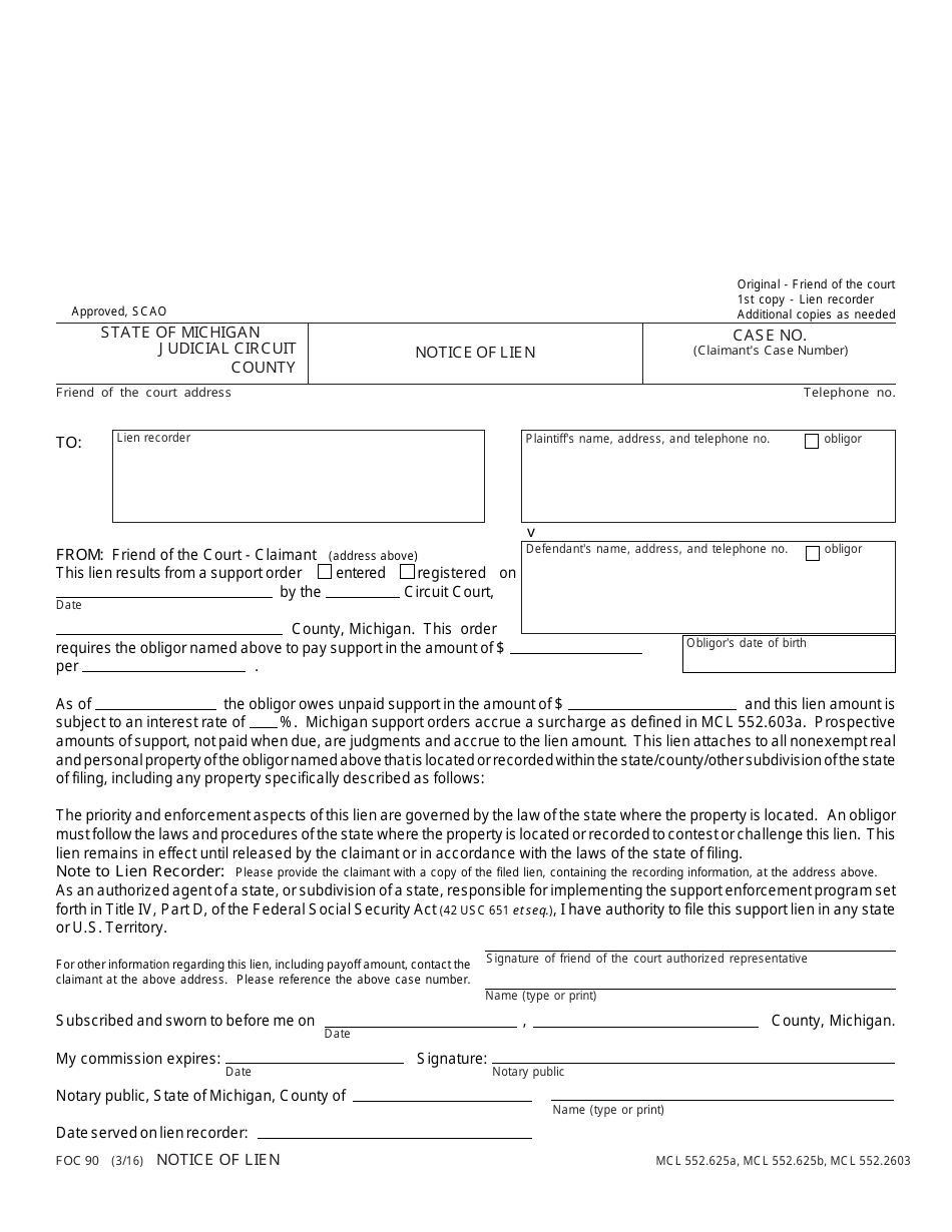 Form FOC90 Notice of Lien - Michigan, Page 1