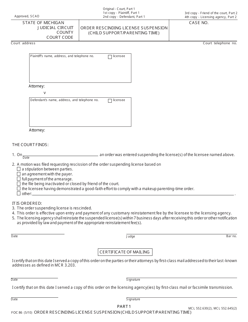 Form FOC86 Order Rescinding License Suspension (Child Support / Parenting Time) - Michigan, Page 1