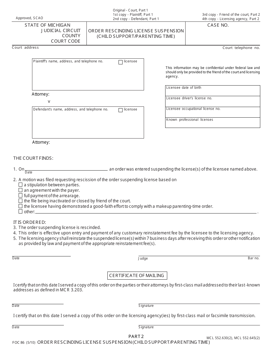 Form FOC86 Order Rescinding License Suspension (Child Support / Parenting Time) - Michigan, Page 2