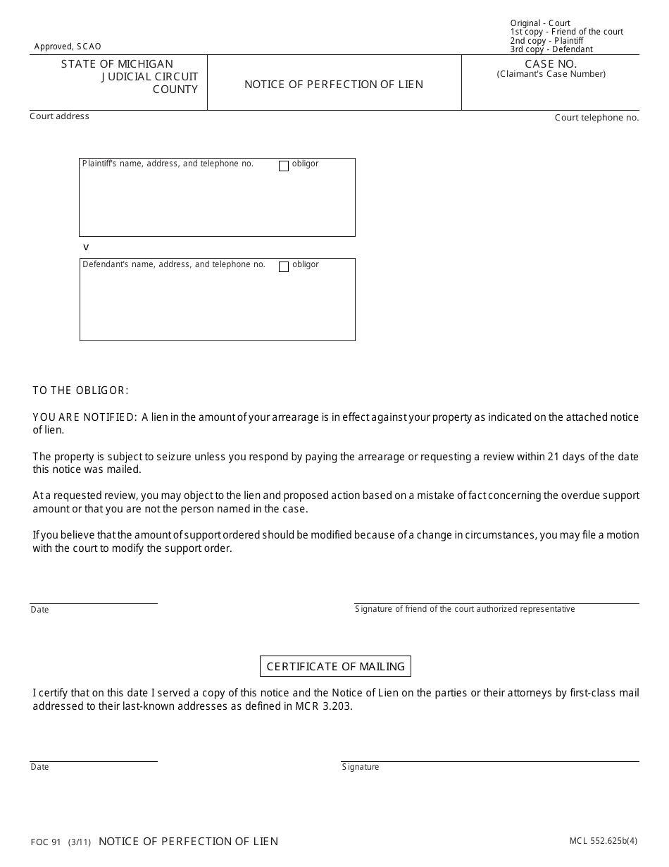 Form FOC91 Notice of Perfection of Lien - Michigan, Page 1
