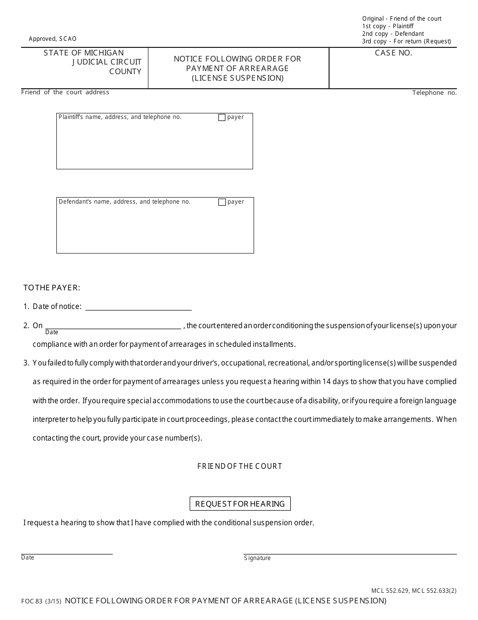 Form FOC83 Notice Following Order for Payment of Arrearage (License Suspension) - Michigan, Page 1