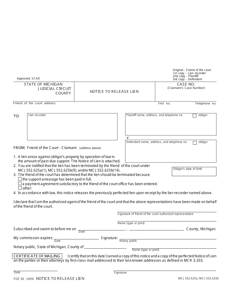 Form FOC92 Notice to Release Lien - Michigan, Page 1