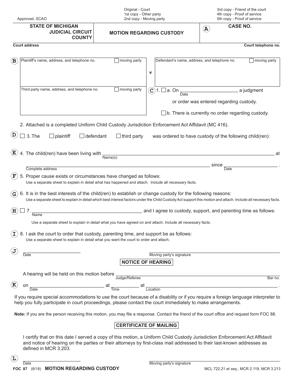 Form FOC87 - Fill Out, Sign Online and Download Fillable PDF, Michigan ...