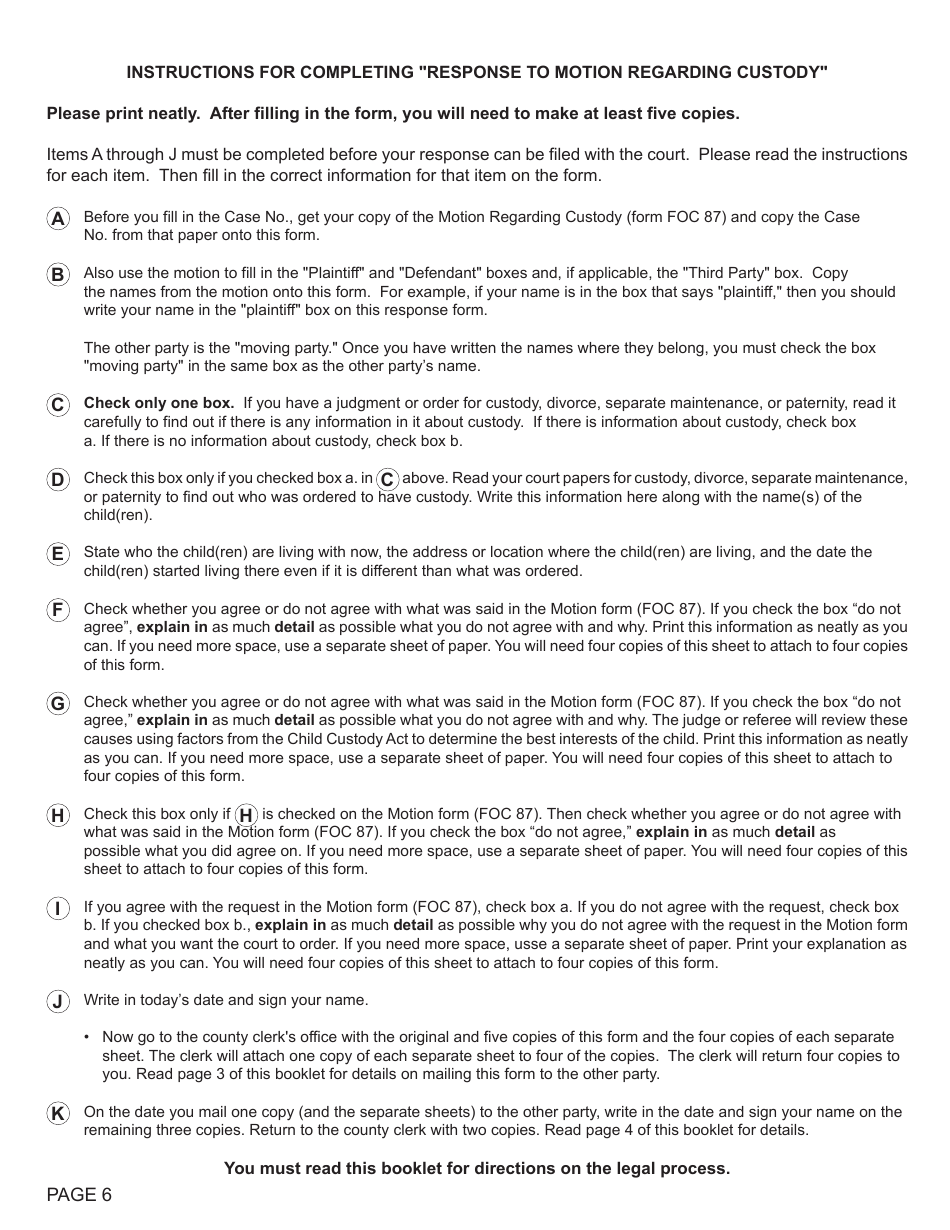 Form FOC88 Response to Motion Regarding Custody - Michigan, Page 6