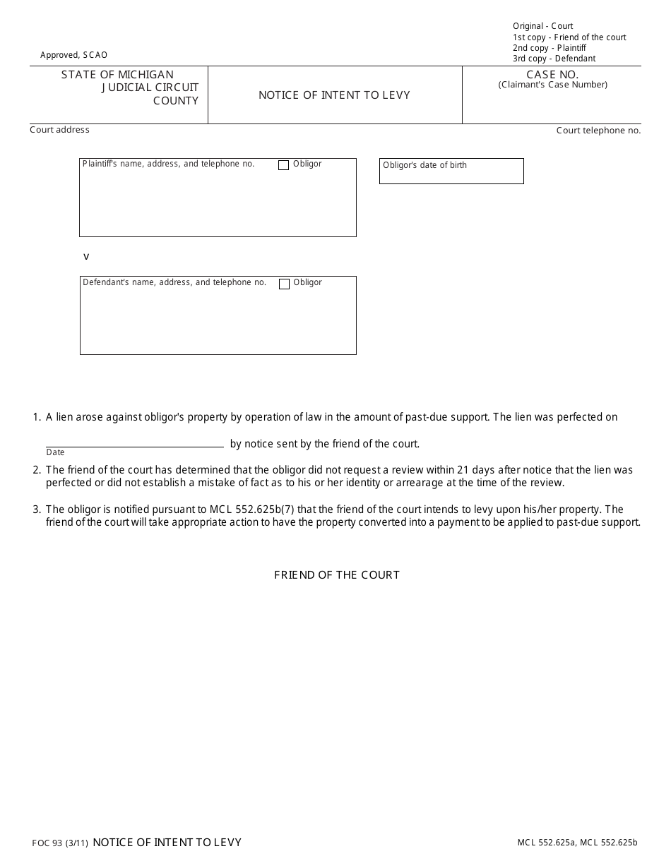 Form FOC93 Notice of Intent to Levy - Michigan, Page 1