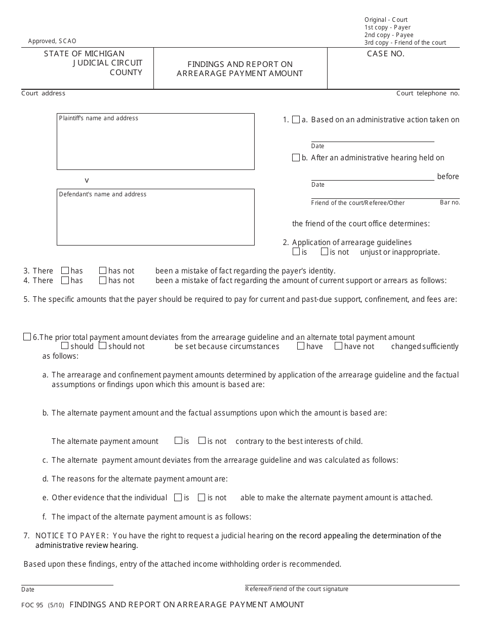 Form FOC95 Findings and Report on Arrearage Payment Amount - Michigan, Page 1