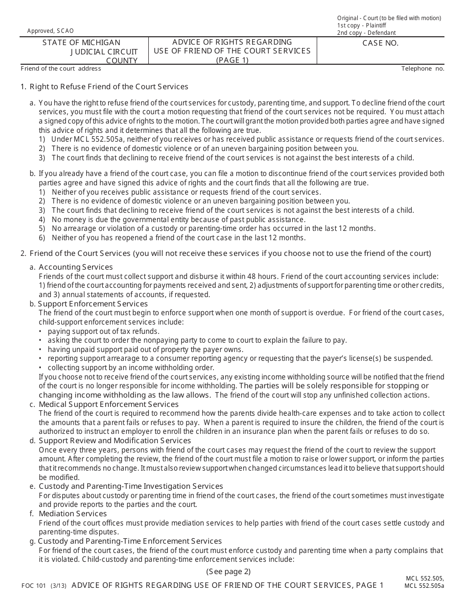 Form FOC101 Advice of Rights Regarding Use of Friend of the Court Services - Michigan, Page 1