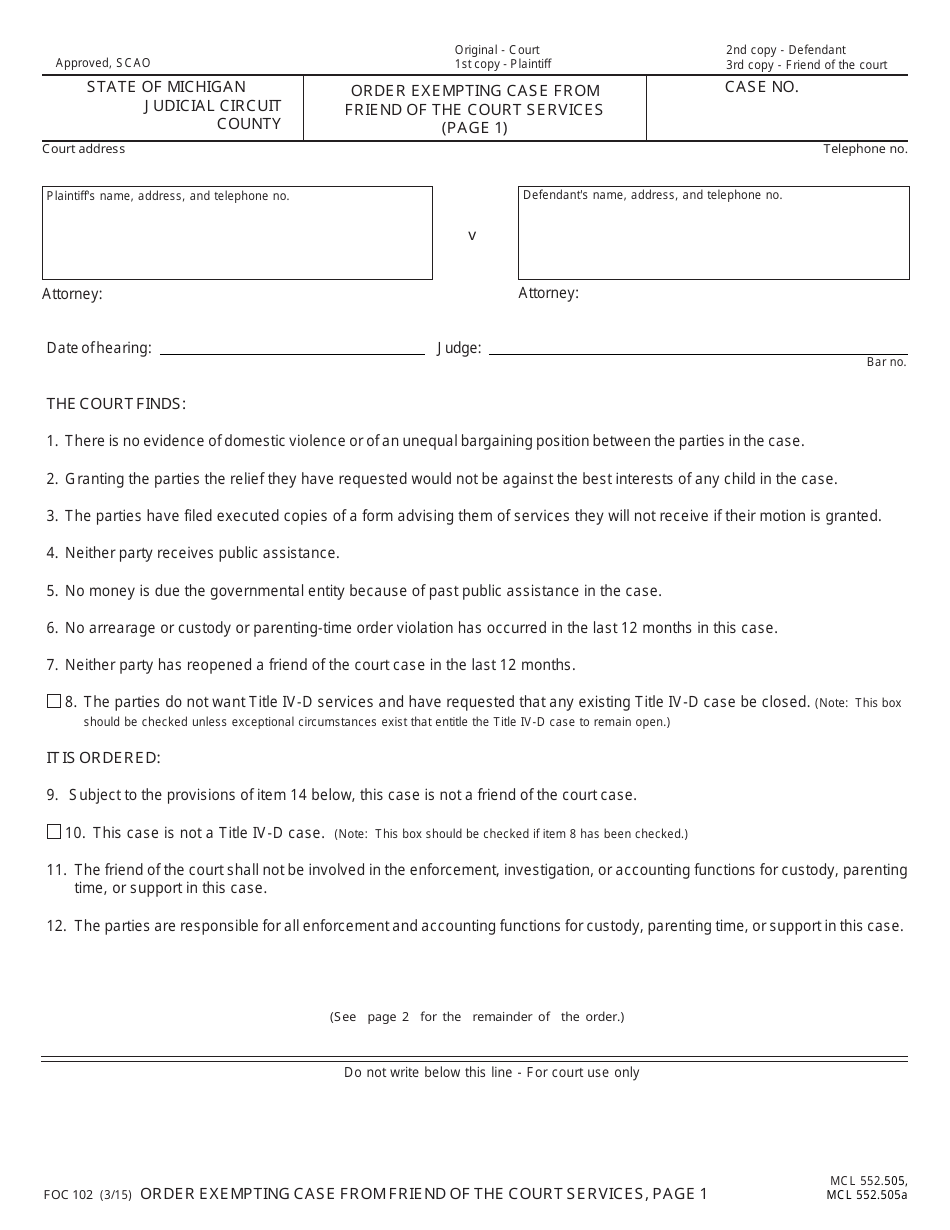 Form FOC102 Order Exempting Case From Friend of the Court Services - Michigan, Page 1