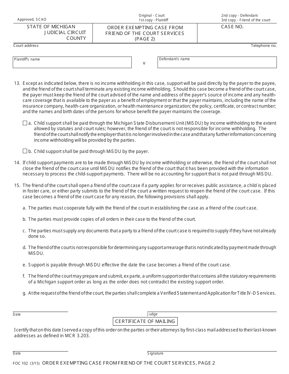 Form FOC102 Order Exempting Case From Friend of the Court Services - Michigan, Page 2