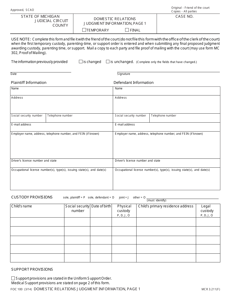 Form Foc100 - Fill Out, Sign Online And Download Fillable Pdf, Michigan 