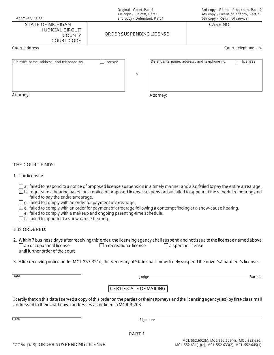 Form FOC84 Order Suspending License - Michigan, Page 1